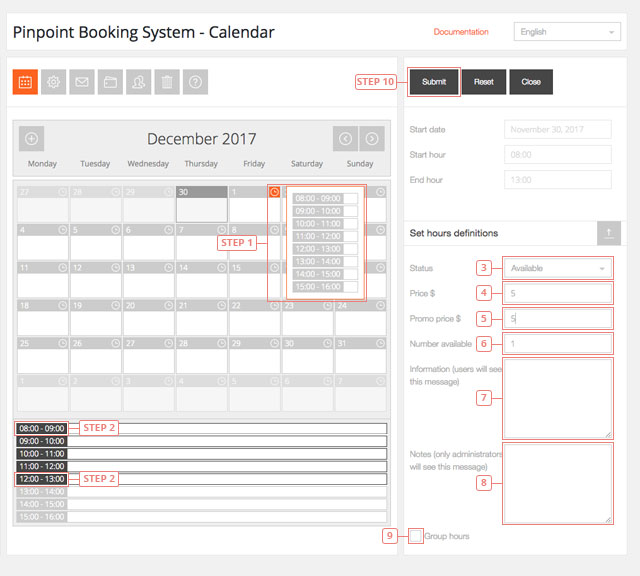 Set availability for separate hours from a selected day