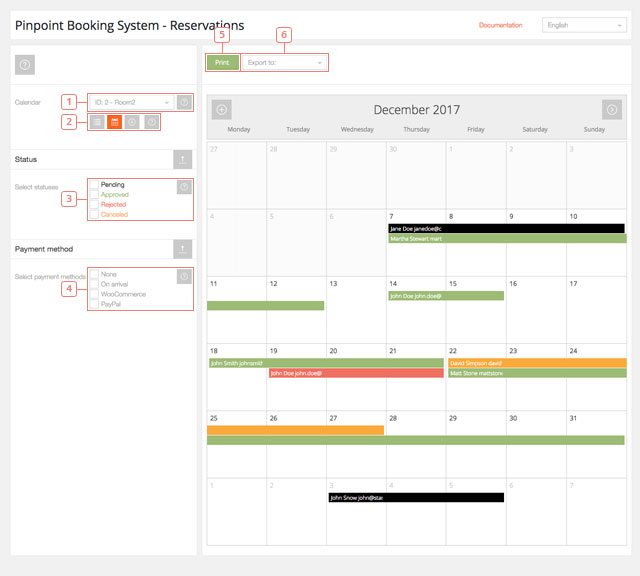 Calendar view of the reservations