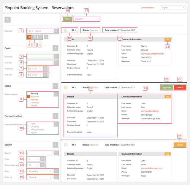 Reservations page details