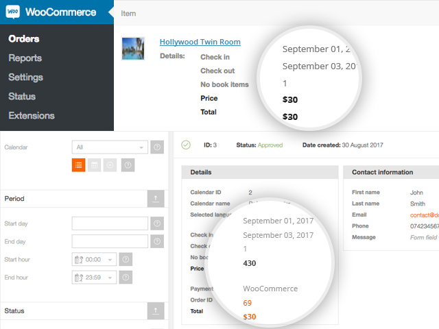 After completing the payment, the reservation can be found in the WooCommerce Orders tab. We also add the reservation in Pinpoint Booking System. It will look like a regular reservation with the Payment methods set to WooCommerce and will have the order ID attached to it. The order ID matches the order ID from WooCommerce.