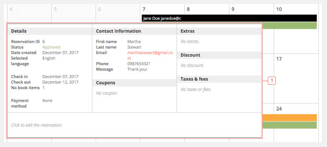 Calendar view of the reservations